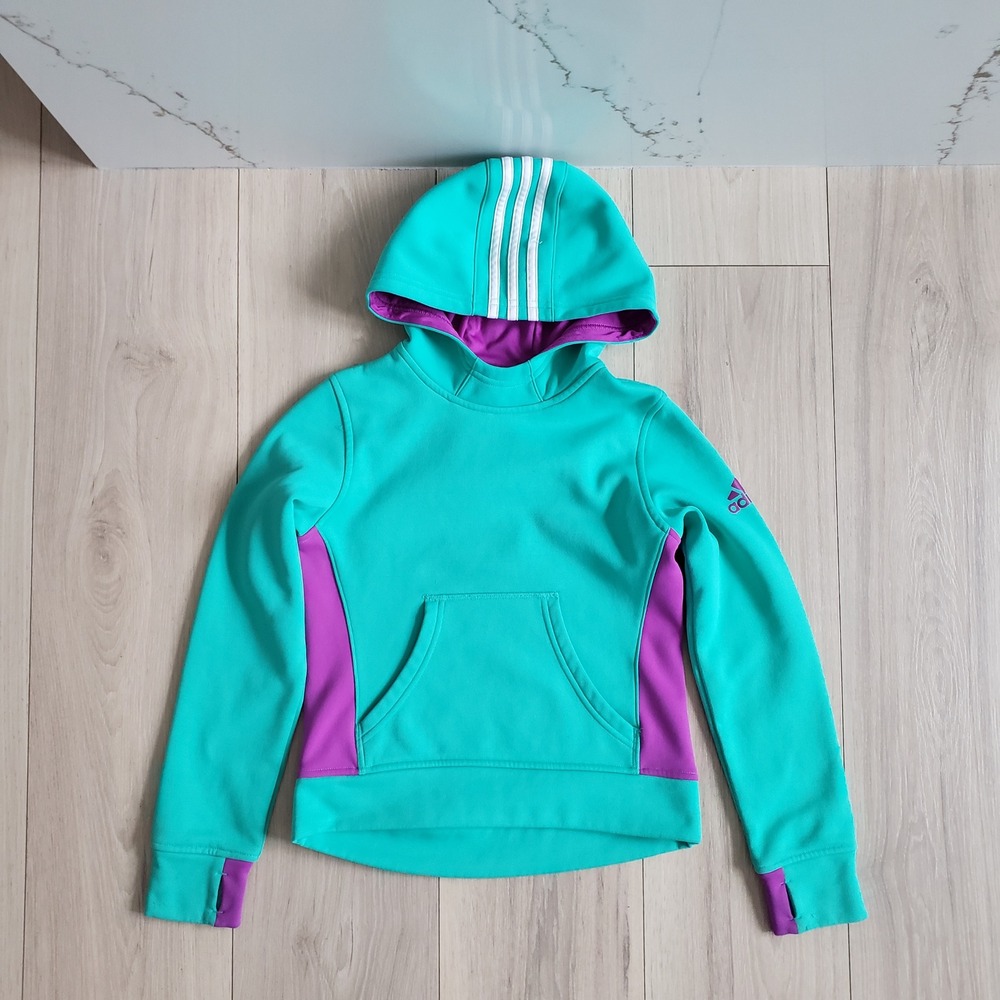 Adidas Hoodie Girls‎ Small 7/8 Teal Climalite Pullover Sweatshirt Sporty Stripes